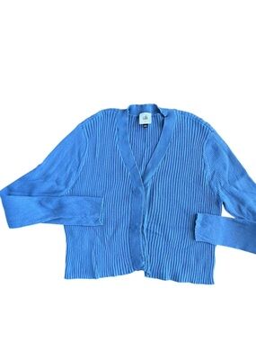 CABI Blue Ribbed Longsleeve Hidden Snap Cropped Sweater Cardigan Size Large